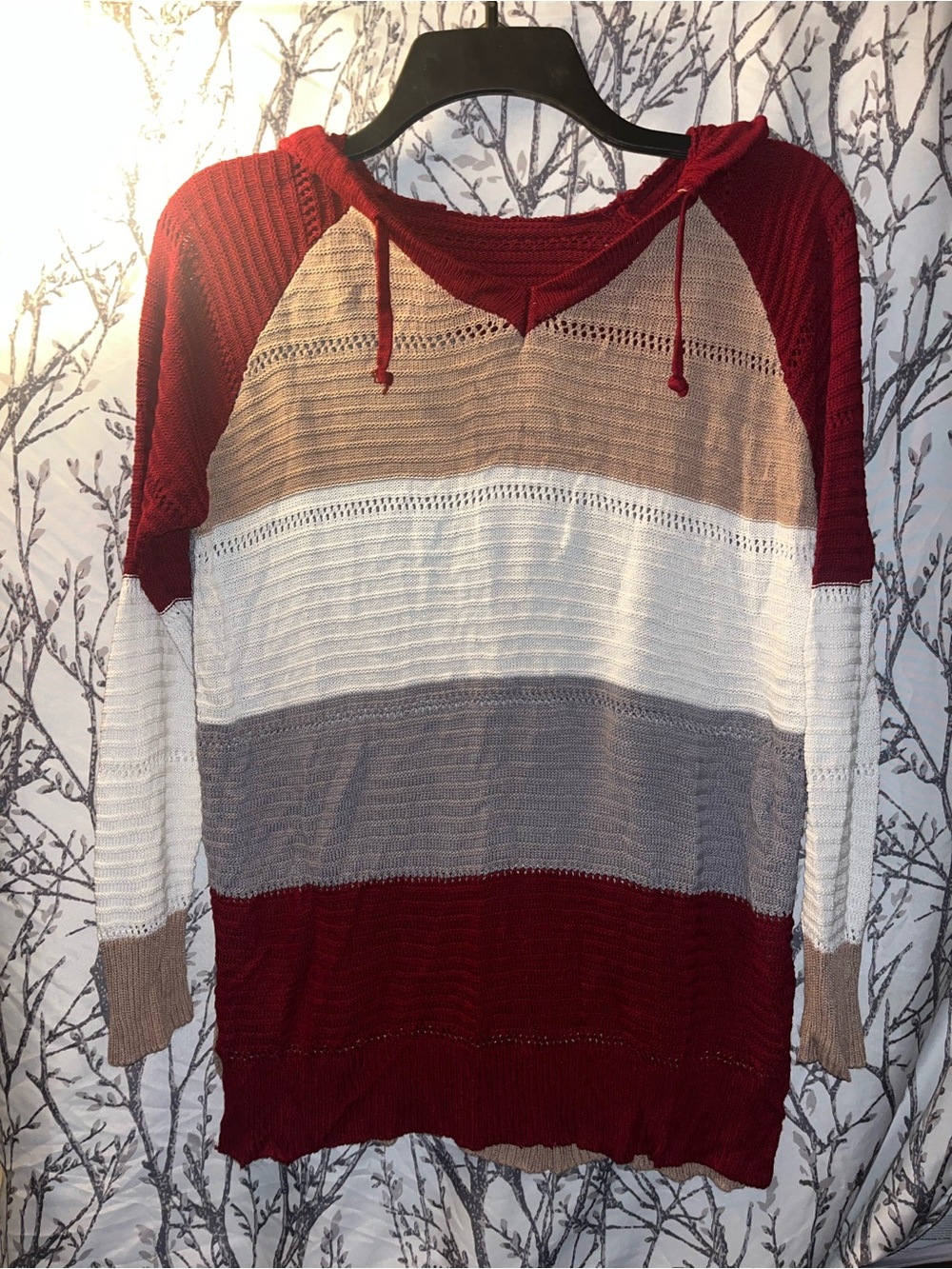 Striped Hooded Knit Sweater - Red, White, Gray, Tan